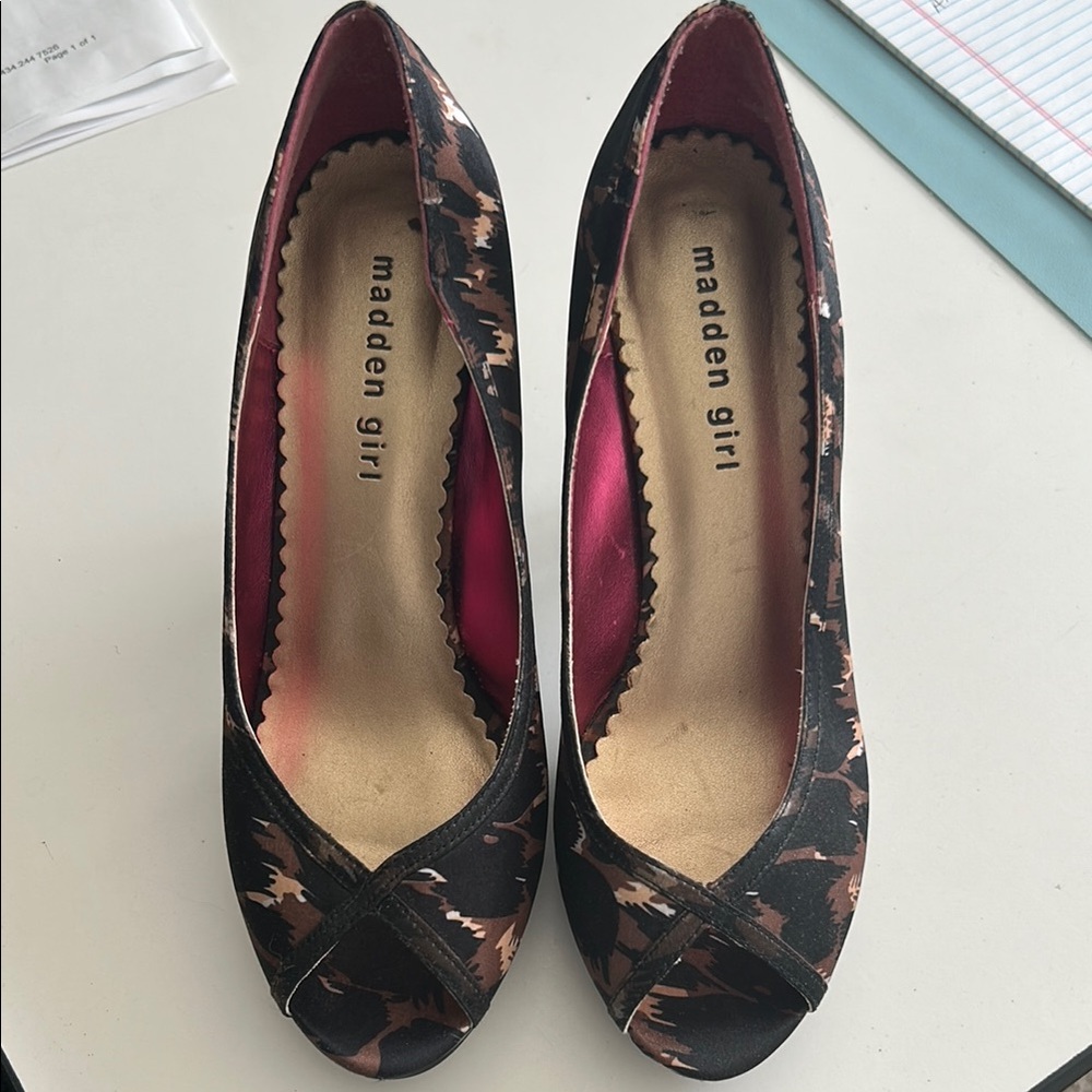 Madden Girl Black and Brown Peep Toe Heels